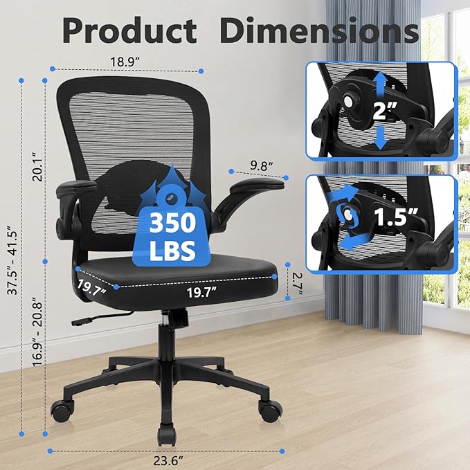 KLASIKA Desk Chairs with Wheels, Ergonomic Mesh Back PU Leather Seat Home Office Adjustable Lumbar Support and Height Swivel Rolling Computer Task Chair with Flip Up Arms for Conference, Black, 2PK