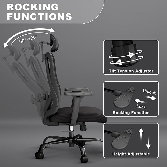 Ergonomic Office Chair with Adjustable Lumbar Support, High Back Mesh Computer Desk Chairs with 3D Headrest and Armrest, Rocking Function, for Home, Office, 6PC, Black