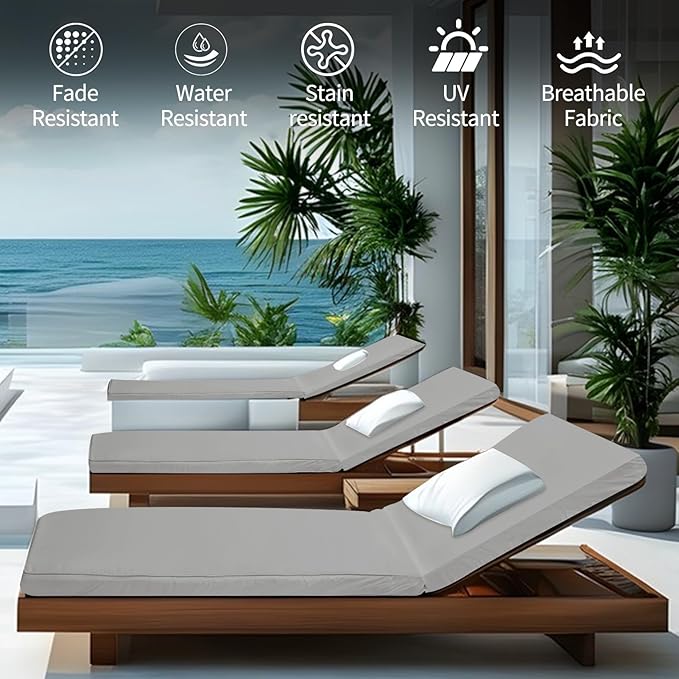 Outdoor Chaise Lounge Cushions for Patio, Lounge Chair Cushions, Waterproof Replacement Seat Pads for Outdoor Furniture (1, Grey, 80"x26"x3")