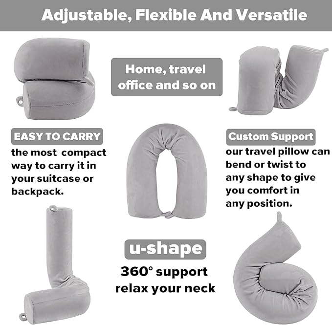 Twist Memory Foam Travel Pillow for Neck, Chin, Lumbar and Leg Support-for Travling on Airplane, Train, Bus or at Home-Adjustable, Bendable Roll Pillow with Washable Soft Cover