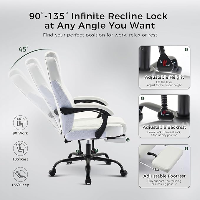 amseatec Office Chair, Big and Tall Office Chair with Foot Rest Ergonomic Chair Home Office Desk Chairs Reclining High Back Leather Chair with Lumbar Support(White)