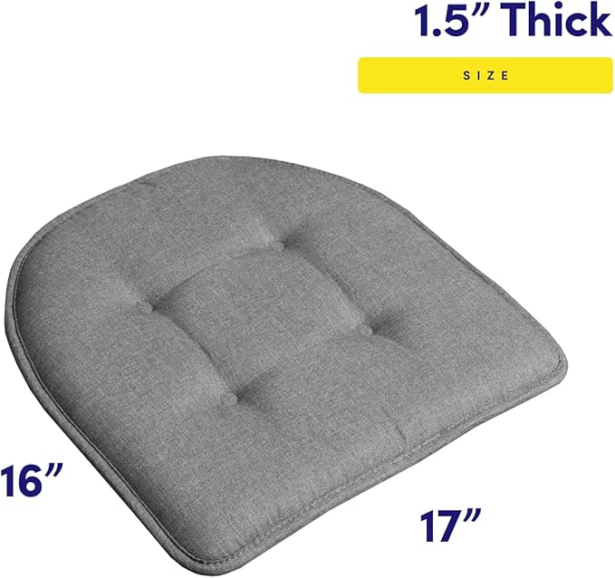 Sweet Home Collection Chair Cushion Memory Foam Pads Tufted Slip Non Skid Rubber Back U-Shaped 17" x 16" Seat Cover, 2 Count (Pack of 1), Grey