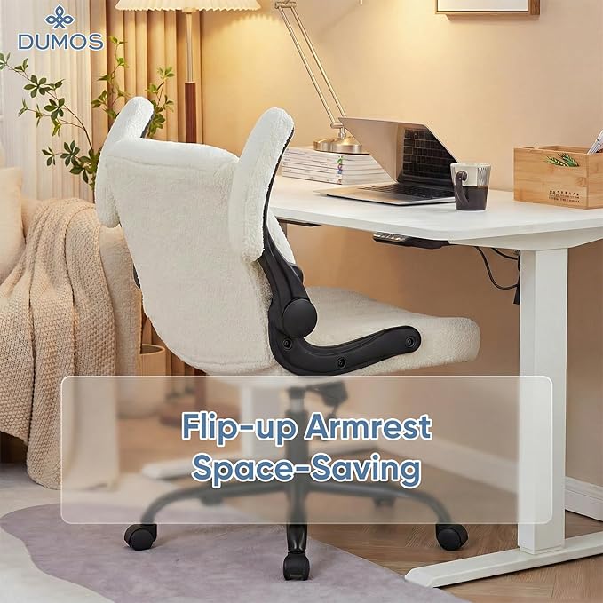 DUMOS Criss Cross Home Office Chair with Wheels, Wide Cross Legged Desk Vanity Chair Comfy Fabric Flip-Up Armrests Adjustable Swivel Chairs for Home Computer Bedroom, Creamy White