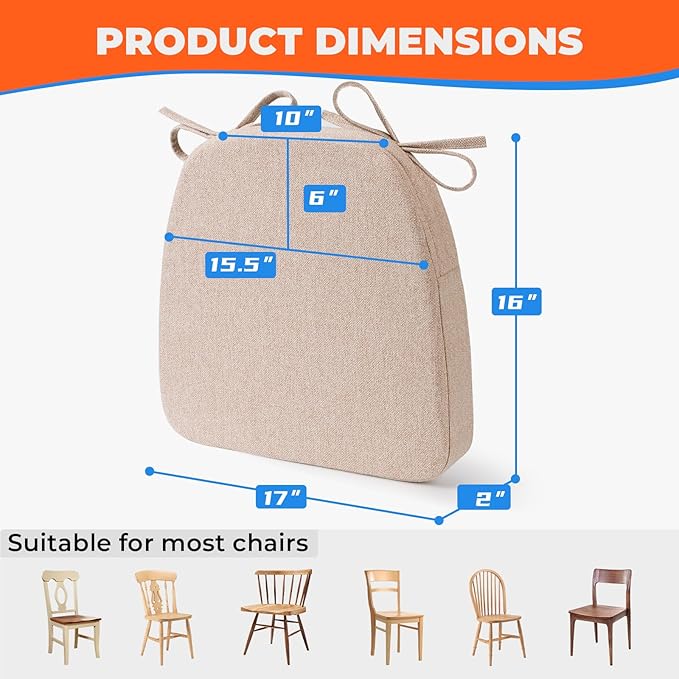 Sunsleek Chair Cushions for Dining Chairs, D-Shaped Seat Cushions with Removable Washable Cover and Ties, Chair Pads for Kitchen, Indoor Dining Room, Patio Chairs, 17'' x 16'', Set of 6, Khaki