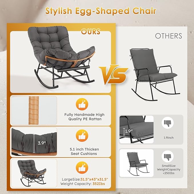 Garvee 2PCS Papasan Rocking Chair with Foot Rest, Oversized Papasan Chair with Thick Removable Cushion and Metal Frame, Lounge Chairs and PE Rattan Rocker for Patio, Porch, Garden, Lawn, Living Room
