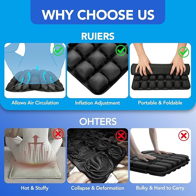 34 Air Cell Self-Inflating Seat Cushion, 3D Air Bubble Design for Tailbone Pain & Hemorrhoid Relief, Pressure Relief Cushion for Office Chair, Car, Wheelchair, Airplane Travel, Home (No Pump Needed)