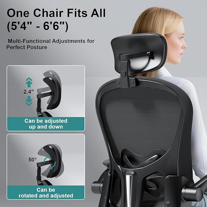 Mesh Office Chair with Adjustable Lumbar Support and Headrest, Ergonomic High Back Task Chair for Home Office, Flip-Up Arms 90-120° Tilt Lock Rolling Swivel Work Chairs(Black6065)