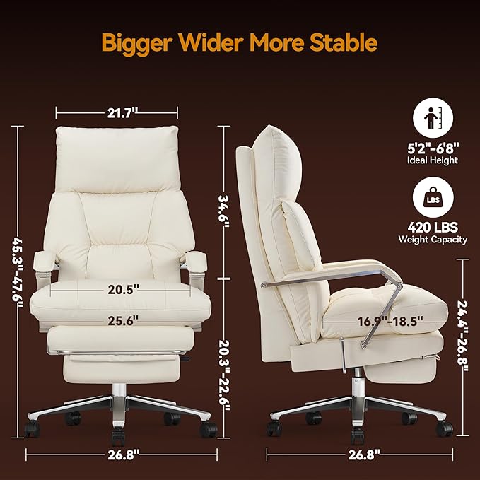 OKUP® M76 Recline Office Chair with Footrest, 160° Infinite Reclining 10" Thick Executive Desk Chair, 420lb Heavy Duty Big and Tall, Adjustable Seat Depth, Cream