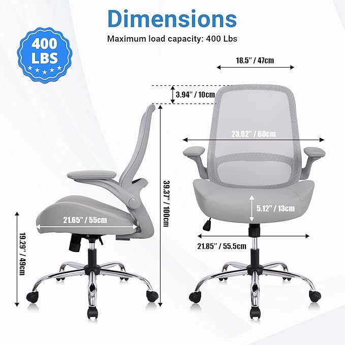 HYLONE Office Chair Ergonomic Desk Chair with Flip up Armrests, 5" Thickened Seat Computer Chair with Breathable Mesh Back Home Office Computer Chairs for Long Hours Mesh Executive Chair(Grey)