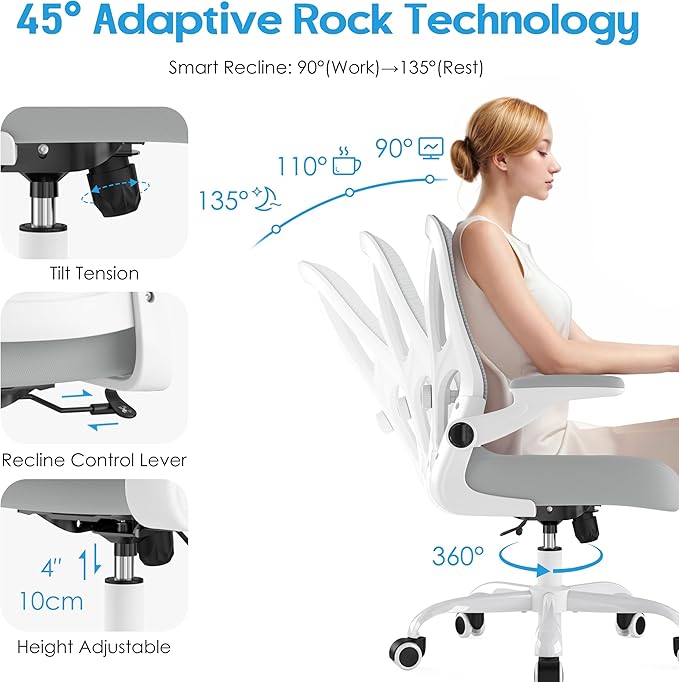 Office Chair Ergonomic Desk Chair - Mesh Computer Chair Breathable Task Chair with Wheels Adjustable Lumbar Support Home Desk Office Chairs Flip up Armrest White 2 Pack
