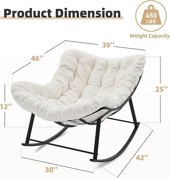 Oversized Rocking Chair Indoor, Papasan Rocking Chair Outdoor, Lounge Chair with Cushion, Patio Egg Rocker Chairs, Comfy Reading Chairs for Bedroom, Living Room, Garden, Lawn, White