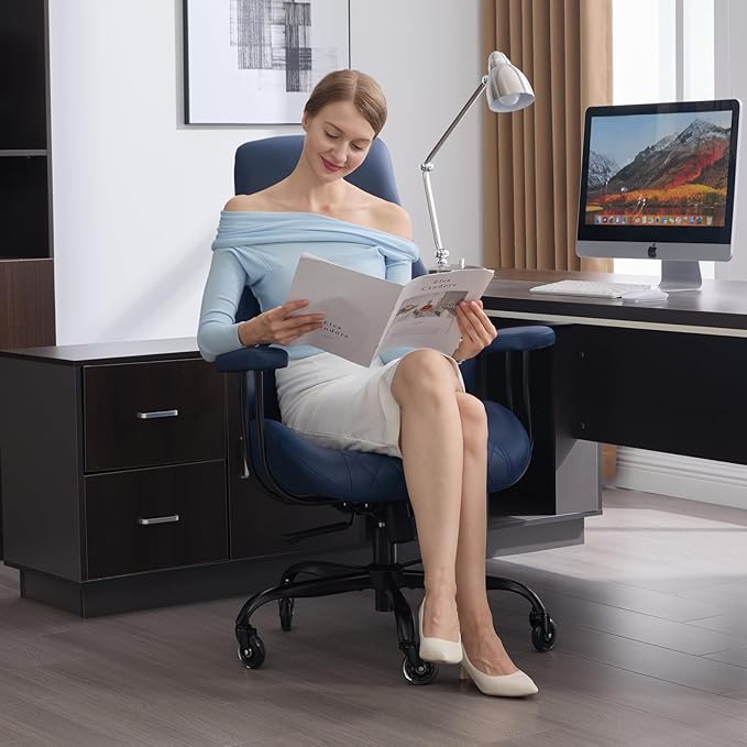 E-Motie Office Chair with Rubber Wheels, Ergonomic Computer Chair 500 lbs, Leather Desk Chair with Lumbar Support, Executive Chair Adjustable Height & Recline, Blue