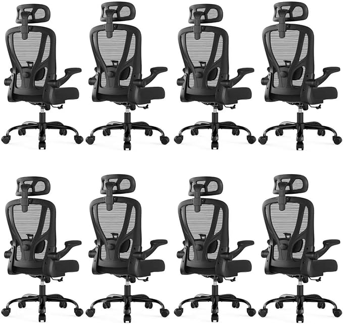 Office Chair Ergonomic Desk Chair - Mesh High Back Office Chair with Headrests Wheels Lumbar Support Home Desk Office Chairs Flip up Armrest Executive Rolling Computer Chair Black 8 Pack