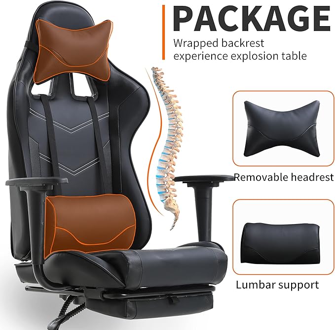 BestOffice | Ergonomic Gaming Chair | Black | Reclining Computer Chair with Lumbar Support, Headrest Pillow, Adjustable Footrests | 360 Swivel with Heavy Duty Wheels | for Home & Office