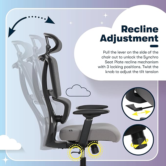 Serta AirHaven SX1200 Ergonomic Office Chair, High Back Mesh Desk Chair with Adjustable Headrest, Lumbar Support, 3D Armrests, ComfortCoils Seat, Swivel Computer Chair with Wheels, Gray