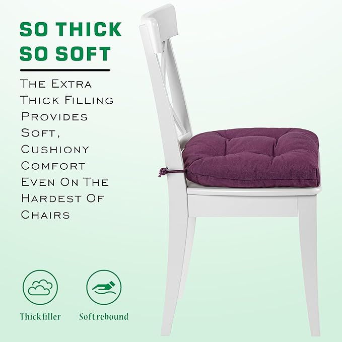 SQUARE MOON Chair Cushions for Dining Chairs, 3 Inch Thick Comfortable Kitchen Chair Pads, Dining Room Seat Cushions with Ties, Machine Washable, 17" x 16" x 3", 4/Pack, Purple