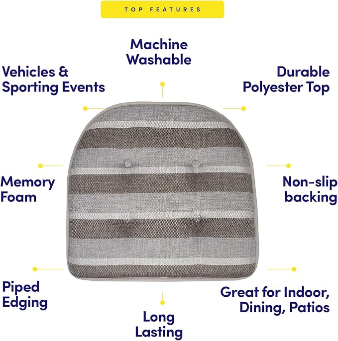 Sweet Home Collection Chair Cushion Memory Foam Pads Tufted Slip Non Skid Rubber Back U-Shaped 17" x 16" Seat Cover, 2 Count (Pack of 1), Bradford Silver/Brown