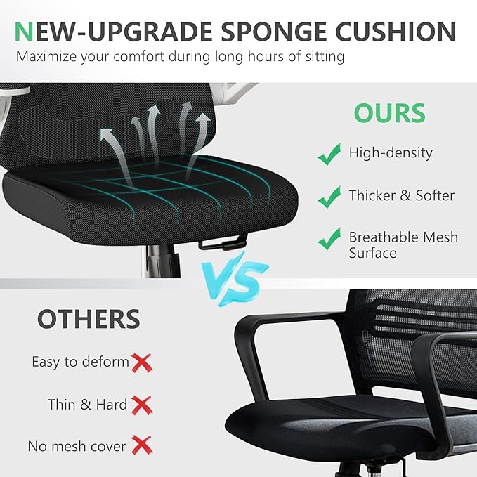 350 LBS Ergonomic Office Computer Mesh Chair - Adjustable Height Rolling Desk Chair with Flip-Up Armrests & High Back Support - Comfortable Swivel Task Chair for Home Office (03WHITE-Black)