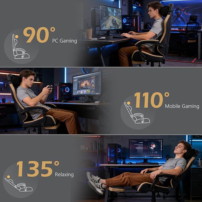 Ergonomic Gaming Chair for Adults with Footrest - PU Leather Computer Gamer Chair with Memory Foam Headrest & Lumbar Pillow, Reclining Silla Gamer Video Game Chair for Home Office, Black & Yellow