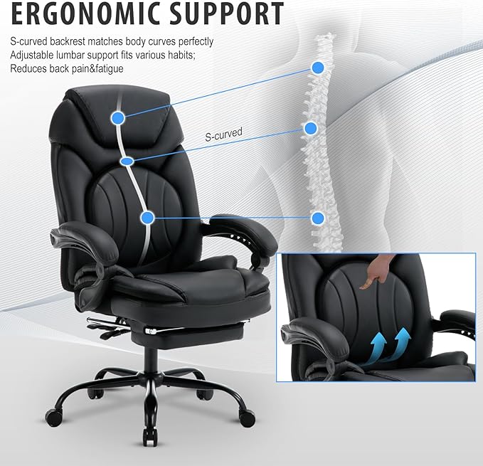 400lbs Reclining Office Desk Chairs with Footrest Back Support PU Leather High Back Wide Seat Recliner Executive Office Chairs for Women, Big Tall Managerial Chairs, Black