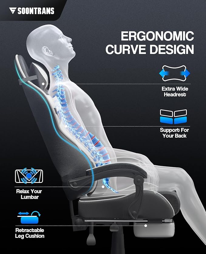Soontrans White Gaming Chairs with Footrest, Video Game Chairs for Adults Teens,Ergonomic Gamer Chair with Headrest, Lumbar Support Adjustable Recliner Chair(Polar White)