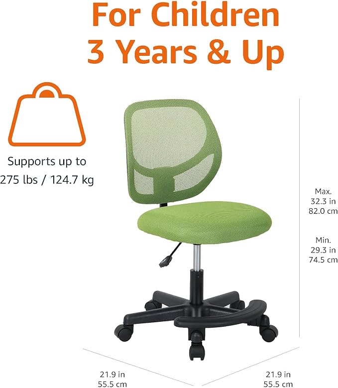 Amazon Basics Kids Adjustable Height Mesh Low-Back Swivel Desk Chair with Footrest, Rolling Computer Chair for Student Homework, Green