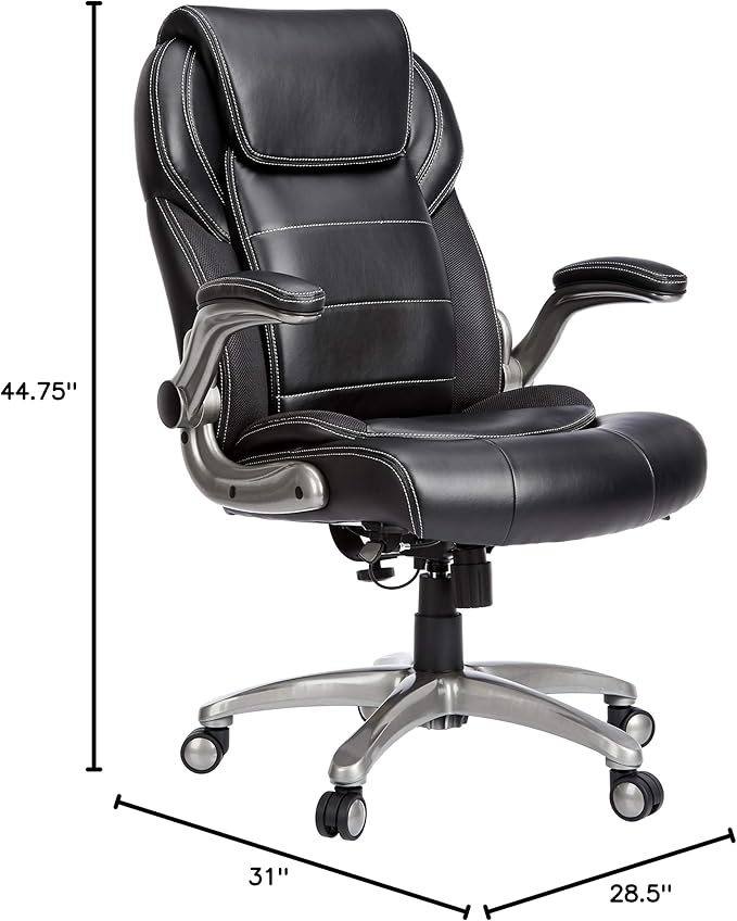 Amazon Basics Ergonomic High-Back Office Chair with Flip-Up Arms, Adjustable Lumbar Support, Height Adjustable, 29.5"D x 27.5"W x 44.75"H, Black