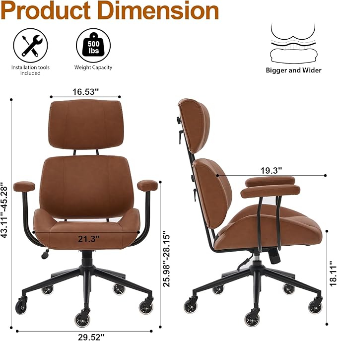 Office Chair, Ergonomic Computer Chair with Adjustable Headrest and Lumbar Support, Executive Leather Chair with Padded Arms, High Back Desk Chairs for Long Hours Sitting,Brown