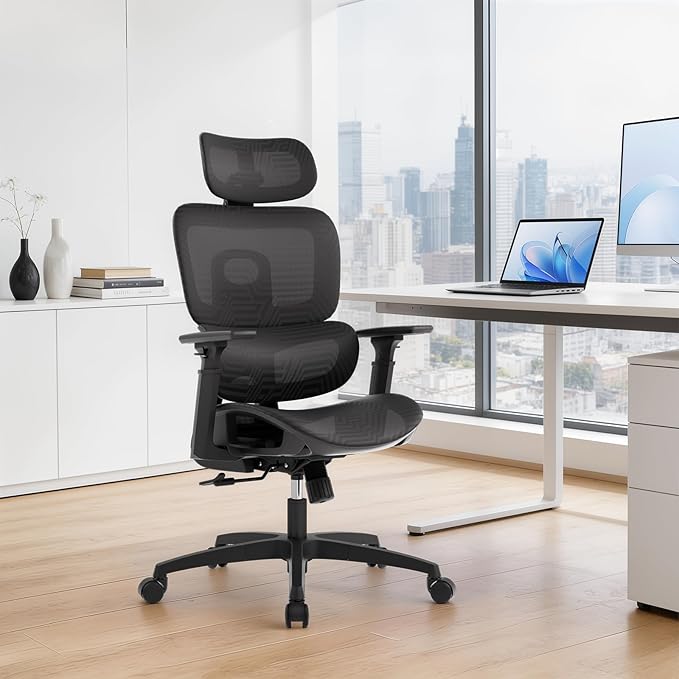 MoNiBloom Ergonomic Office Chair, High Back Mesh Desk Chair with Adjustable Headrest & 3D Armrests, Lumbar Support, 90–145° Recline, Height Adjustable Swivel Rolling Computer Chair for Office, Black