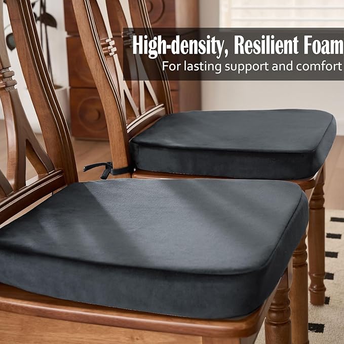 2'' Thick High-Density Foam Indoor Chair Cushions | Dining Chair Pads with Ties, Removable Washable Cover, Kitchen Chair Cushions 17"x16", Charcoal Gray 2 Pack