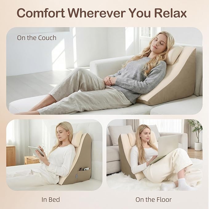 Vekkia 21” Extra-Wide Back Pillow with Adjustable Headrest, 2-in-1 Ergonomic Dual-Layer Wedge Backrest for Sitting/Reclining, Lumbar & Neck Support, Bed, Sofa & Floor, Reading, TV, Lounging & Gaming