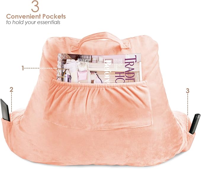 Clara Clark Reading Pillow with Shredded Memory Foam for Sitting Up in Bed and Couch, Back and Arms Adjustable Support for Adults & Teens Backrest Pillows for Reading, with Washable Cover Peach