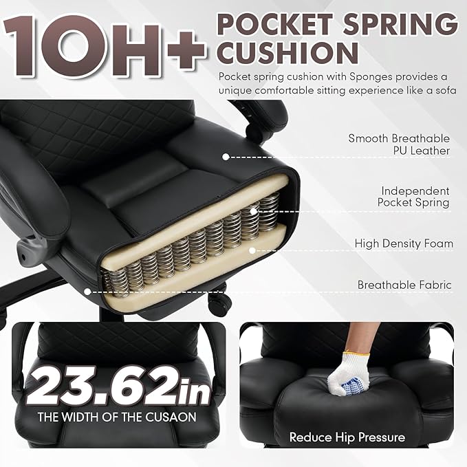 500lbs Plus Size Office Chair with Foot Rest, PU Leather Big and Tall Heavy Duty Reclining Office Desk Chair with Lumbar Support, Black