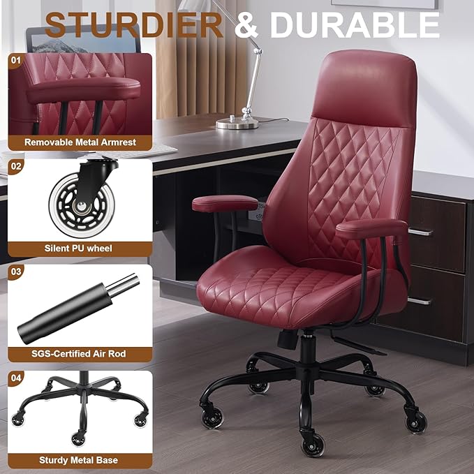 E-Motie Office Chair with Rubber Wheels, Ergonomic Computer Chair 500 lbs, Leather Desk Chair with Lumbar Support, Executive Chair Adjustable Height & Recline, Red