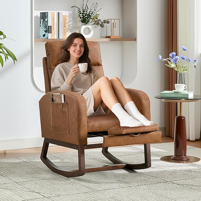 Rocking Nursery Chair for Mom Nursery,PU Rocking Chairs with Foot Rest,High Backrest& Wood Legs and Side Pocket for Living Room,Bedroom,Recliner Armchair,Brown