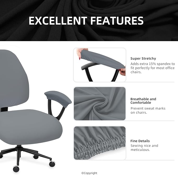 Super Stretchable Separate Office Chair Seat Covers - Universal Spandex Computer Chair Slipcover - Rotating Backrest Coverings & Cushion Protectors & Armrest Covers for Dogs, Cats, Pets, Mid Gray