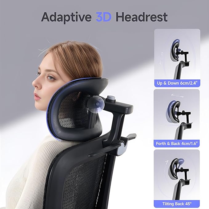 Office Chair with Footrest, Ergonomic Chair with 3D Headrest, Computer Chair with Adjustable Backrest & 3D Armrest, Gaming Chair with Adaptive Lumbar Support, Mesh Backrest & Cushion, Black