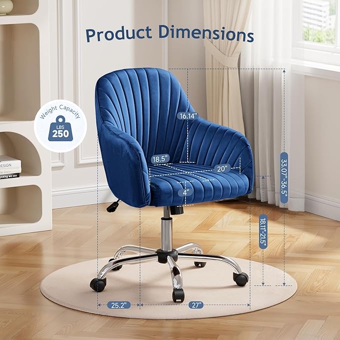 Warmiehomy Office Chair, Velvet Desk Chair for Women, Comfy Vanity Chair with Wheels, Home Computer Chair with Arm Rest for Bedroom, Royal Blue