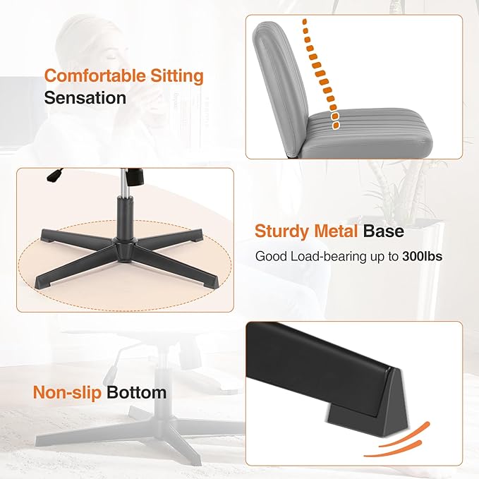 Sweetcrispy Criss Cross Chair Legged, PU Leather Armless Office Swivel Desk Chairs No Wheels, Vanity Height Adjustable Wide Seat Faux Leather Computer Task Chair for Home Bedroom, PU-Grey