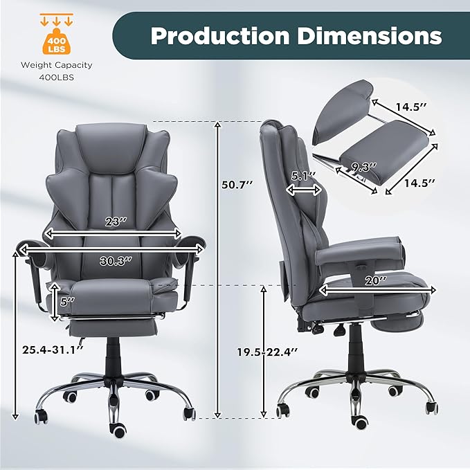 HOMREST Grey Ergonomic Office Chair with 6-Point Vibration Massage & Heat – Reclining Executive Chair with Adjustable Footrest and Armrests, PU Leather Big and Tall Home Office Desk Chair