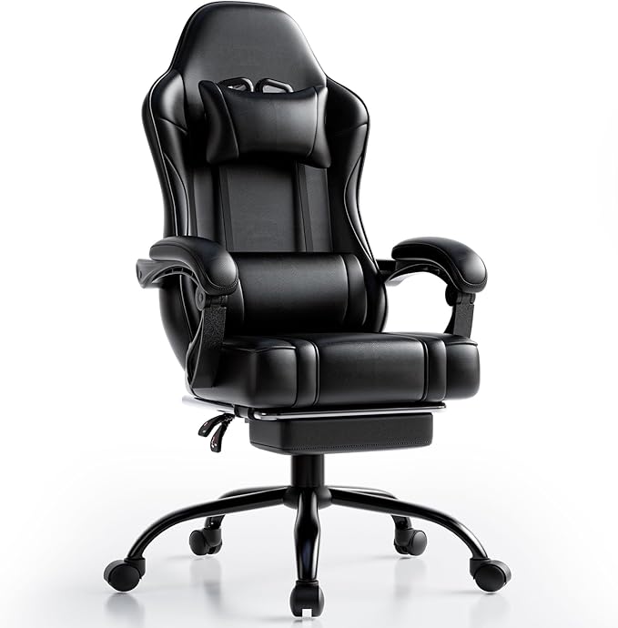Ergonomic Gaming Chair, Video Game Chair with Pocket Spring Cushion and Footrest, Height Adjustable Computer Chair with Swivel Seat and Headrest (Black)