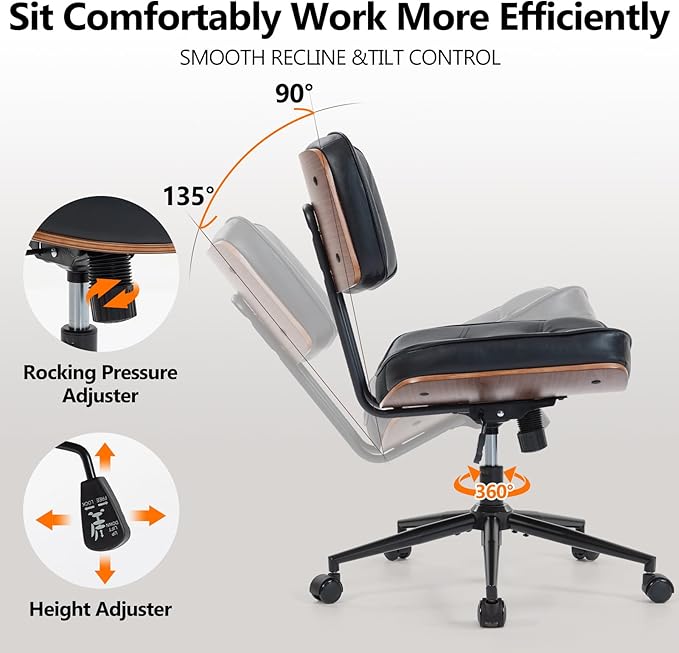 Walnut Armless Modern Office Desk Chair with Wheels, PU Leather Adjustable Height Swivel Rolling Task Chair, Ergonomic Criss Cross Legged Computer Chair(Black)