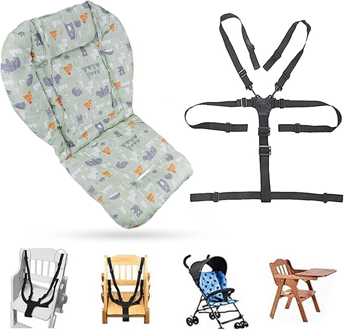 High Chair Pad, High Chair Cushion, seat Cushion, Breathable Pad, with Baby High Chair Seat Belt, 2 Pieces, Soft and Comfortable, Make The Baby More Comfortable (Green Animal Pattern)