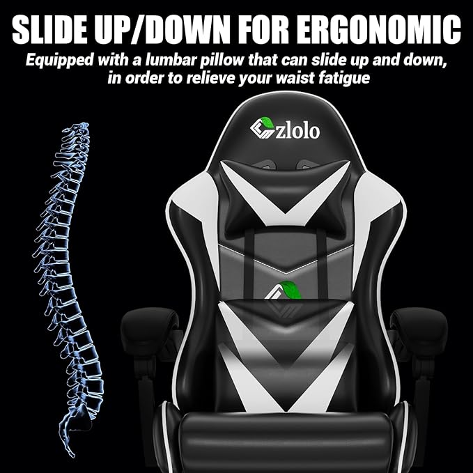 Czlolo Gaming Chair with Footrest Racing Style Lumbar Support Massager Video Game Chair with Metal Legs, High Back Reclining Gamer Chair with Headrest, 360° Swivel Office Computer Desk Chair (White)