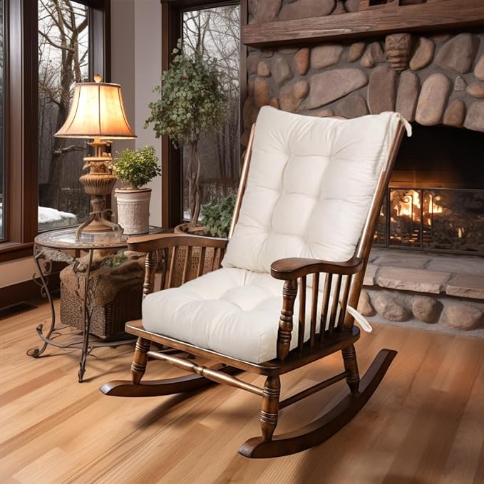 Lokex Rocking Chair Cushion Only,Tufted Non-Slip Comfortable Rocking Chair Cushions Indoor with Ties,Striped Rocking Chair Pads (White-S2064-1, 21x17/17x17)