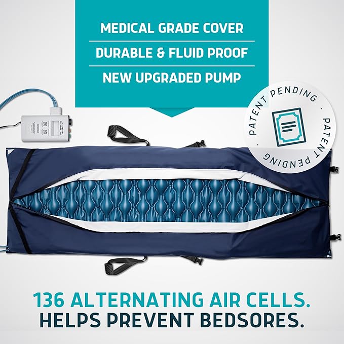 Lunderg Alternating Air Pressure Pad for Recliner Chair - Pressure Relief Cushion Topper for Recliner - Bed Sore Prevention - Medical Grade Mattress Pad, Cover & Quiet Pump - Home or Hospital (Blue)