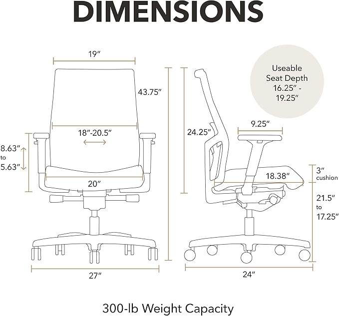 HON Ignition 2.0 Ergonomic Office Chair Fabric Seat, Adjustable Tilt, Swivel Wheels, Comfy for Long Hours, Home Office Desk Chairs, Fog