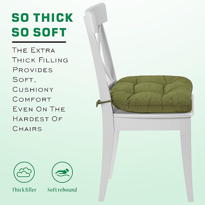 SQUARE MOON Chair Cushions for Dining Chairs, 3 Inch Thick Comfortable Kitchen Chair Pads, Dining Room Seat Cushions with Ties, Machine Washable, 17" x 16" x 3", 4/Pack, Olive Green