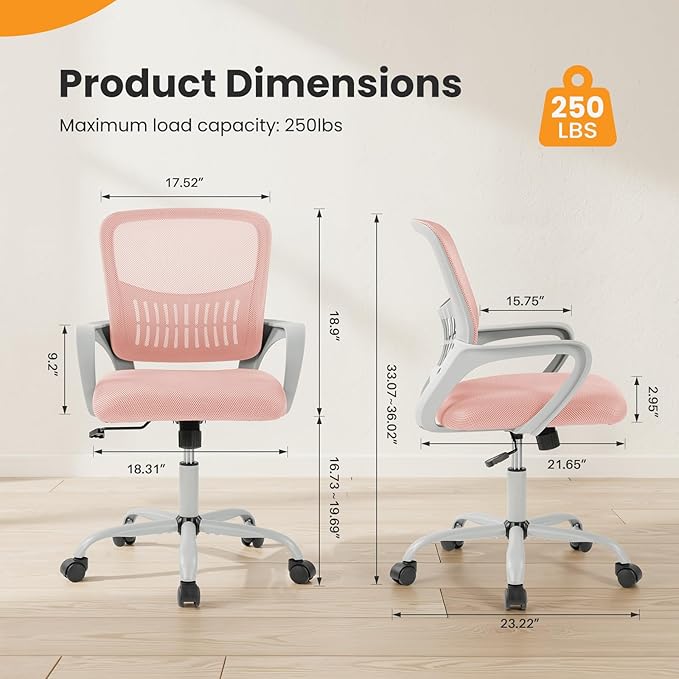 Sweetcrispy Home Office Managerial Executive Chair, Ergonomic Mesh Adjustable Swivel Mid-Back Computer Desk Chair with Comfortable Lumbar Support, Comfy Arms for Bedroom,Study