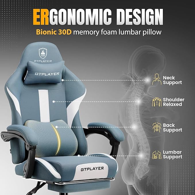 GTPLAYER Gaming Chair with Foot Rest & Pocket Spring Cushion, Ergonomic High Back Computer Desk Chair with Headrest & Lumbar Support for Back Pain Relief, Breathable Fabric, Blue